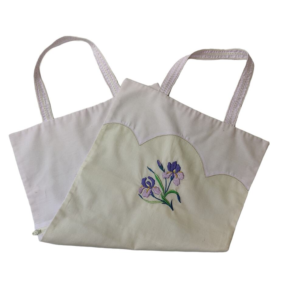 Vintage Iris Embroidered Lingerie Delicates Zippered Bag Handles Cotton